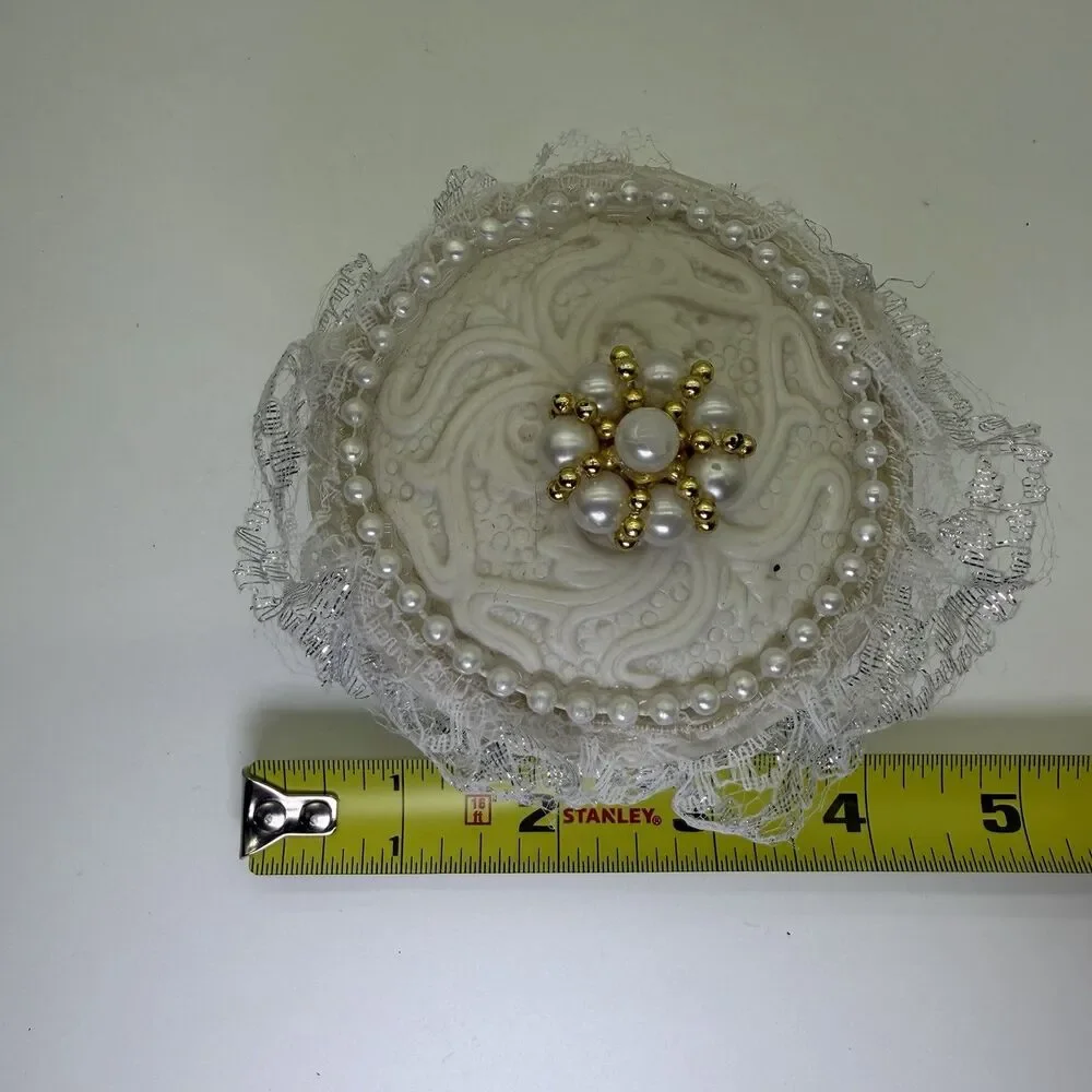 Handmade Ceramic Ring Box Trinket Engagement Wedding Embroidery Lace Pearls